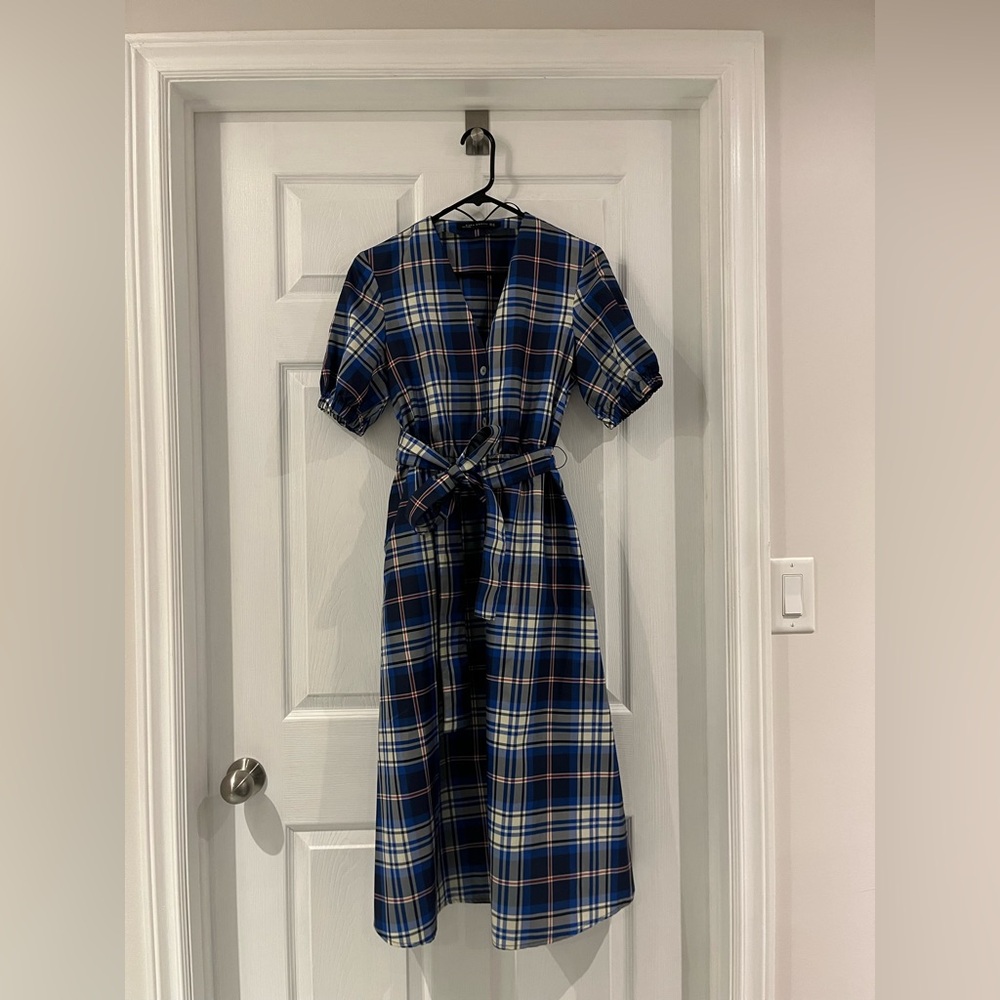 Zara woman- blue Tartan Plaid Blue Dress with tie at waist